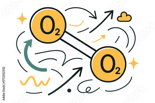 Dynamic Molecular Bonds. Oxygen. Oxygen atoms forming molecular bonds with abstract floating lines, arrows, and sparkles; emphasizes chemistry, science, and
