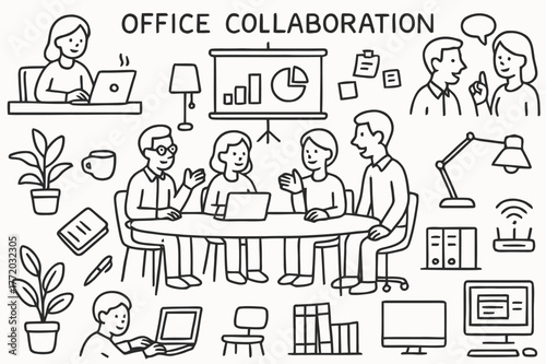 Office Collaboration Sketch. Office Collaboration. Hand-drawn doodle illustration Office Collaboration people discussing, laptops, desks, chairs, coffee cups,