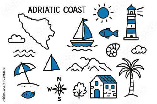 Adriatic Coast Doodle. // Adriatic coast. Hand-drawn doodle illustration Adriatic coast [coastal map (accented), sailboat (accented), lighthouse (accented),