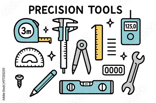 Doodle Precision Tools. // Precision tools. Hand-drawn doodle illustration Precision tools [tape measure (accented), caliper (accented), ruler (accented),