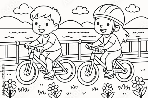 Biking Kids Coloring Page. Children cycling by the river children?s coloring book illustration, outlined drawing, two happy kids riding bikes along