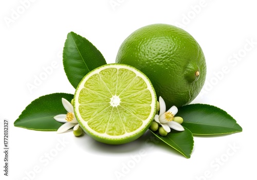Whole and sliced lime with leaves and blossoms on white background  