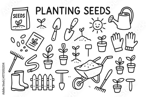 Garden Doodle Icons. Planting Seeds. Hand-drawn doodle illustration Planting Seeds seeds, seedlings, trowel, shovel, watering can, gloves, garden soil, plant