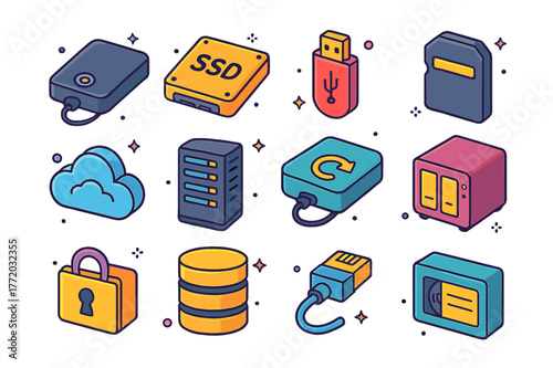 Digital Storage Icons. Digital data storage. Colorful isometric vector icons set of Digital data storage: external hard drive, SSD, USB flash drive, memory
