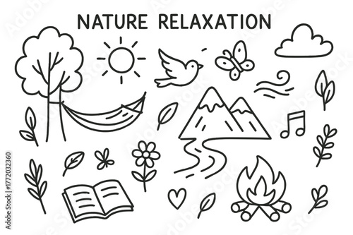 Nature Relaxation Doodles. Nature relaxation. Hand-drawn doodle illustration nature relaxation tree, river, mountain, hammock, sun, clouds, leaves, bird,