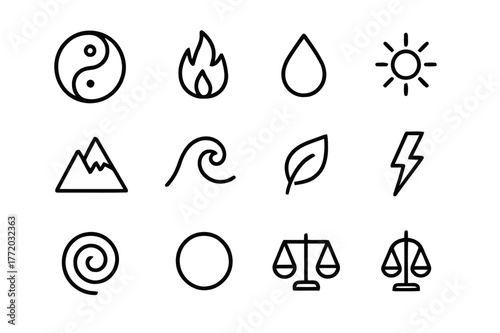 Harmony Icon Set. Harmony of opposites. Line icon set of harmony of opposites: yin-yang symbol, fire, water, sun, moon, mountain, ocean wave, leaf, lightning