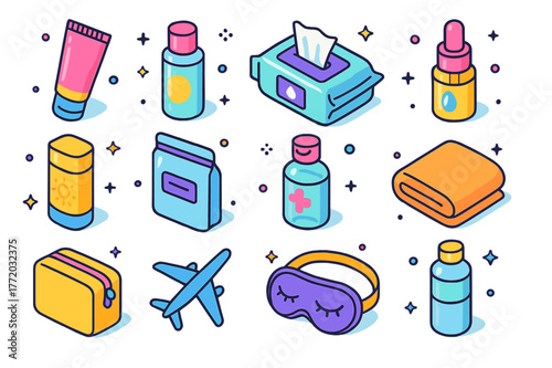 Travel Skincare Icon Set. Travel skincare hygiene. Colorful isometric vector icons set of Travel skincare hygiene: mini cleanser tube, travel-sized toner,
