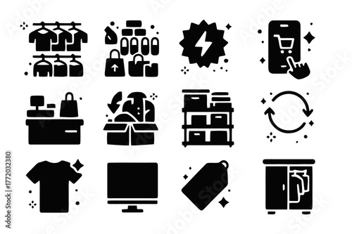 Consumerism Icons Grid. Overproduction and overconsumption. Solid icons set of overproduction and overconsumption: multiple racks, duplicate items, flash sale