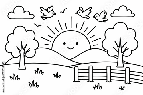 Sunset Coloring Page. Country sunset children?s coloring book illustration, outlined drawing, sun setting behind hills with trees and birds flying, educational