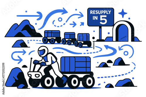 Autonomous Rover Convoy. Rover convoy & logistics. A line of autonomous rovers ferries cargo pods; dotted navigation lines weave around rocks. ?Resupply in ?