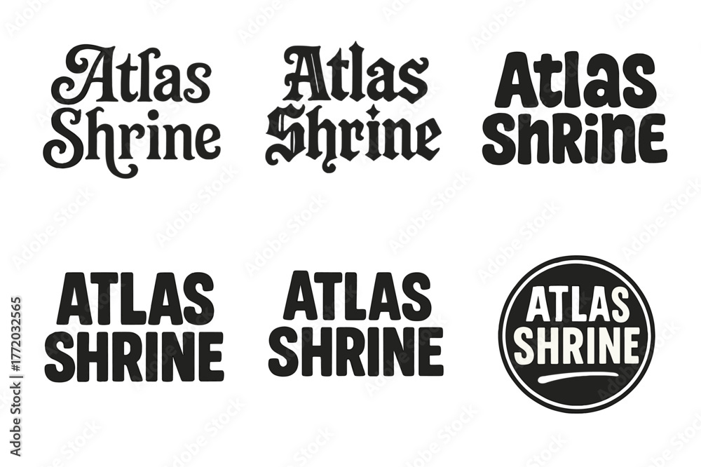 Fototapeta premium Atlas Shrine Lettering Variations. Atlas Shrine. Set lettering. harmonious lettering variations of the same emblematic concept, each with different artistic