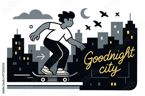 Skateboarder Skyline Dusk. City skyline at dusk. A skateboarder rolls along a rooftop edge while windows blink on; neon ?Goodnight city? hums softly. Birds