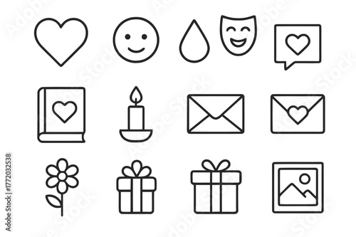 Emotional Storytelling Icons. Emotional storytelling. Line icon set of emotional storytelling: heart, face emoji, tear drop, happy mask, sad mask, storytelling