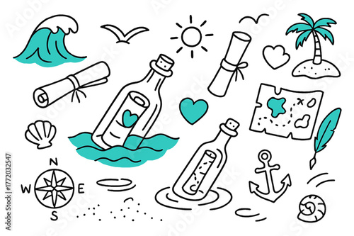 Whimsical Ocean Discovery. // Message in a bottle. Hand-drawn doodle illustration message in a bottle [bottle with note (accented), ocean wave (accented),
