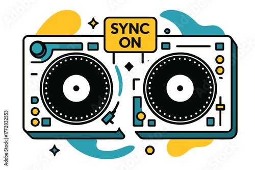 Sync On Turntables. DJ turntable ? Beat sync control. Two decks overlap in symmetry; rhythm dots align perfectly across them. Floating tag ?SYNC ON? hovers