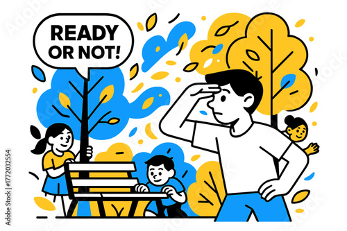 Park Hide and Seek. Hide and Seek in the Park. Kids scatter behind trees and benches; a playful ?Ready or not!? tag floats as leaves swirl like confetti. A