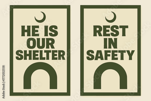 Mercy Shelter Banners. Shelter of Mercy. Two vertical A6 banners with safe margins, centered composition, no elements touching edges, brutalist, olive green