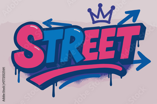 Vibrant Urban Graffiti. Graffiti Simplified style with thick bubble or block letters, tilted layout, dripping outlines, flat spray fills, arrows and crowns,