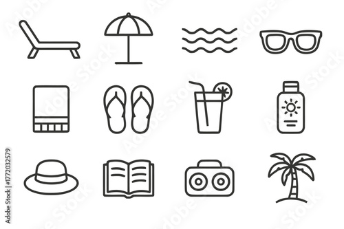 Poolside Relaxation Icons. Relaxing by the Pool. Line icon set of Relaxing by the Pool: sun lounger, umbrella, pool water ripples, sunglasses, towel, flip