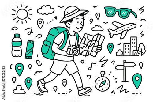 City Exploration Doodle. Travel adventure. A tourist exploring a new city. Hand-drawn doodle illustration A tourist exploring a new city, map,