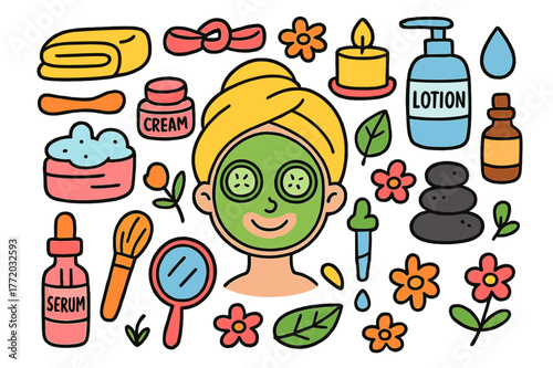 Spa Essentials Doodle. facial treatment. Colorful Hand-drawn doodle Children illustration facial treatment face mask, cucumber slices, headband, towel, cream