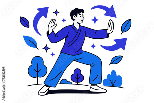 Tai Chi Serenity. Navigating stress. Person doing tai chi in park with abstract floating arrows, leaves, and sparkles; emphasizes relaxation, focus, and stress