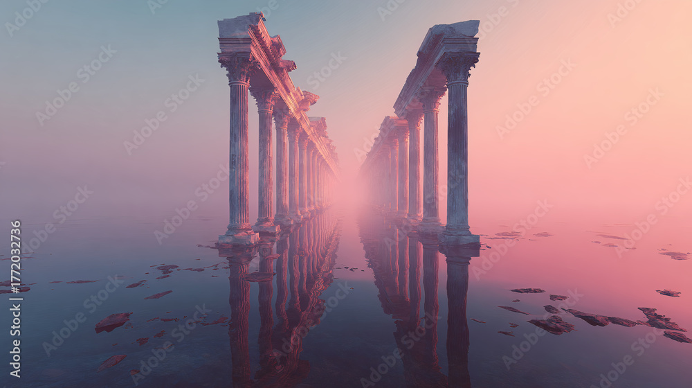 Fototapeta premium Surreal Ancient Columns Reflecting in Water