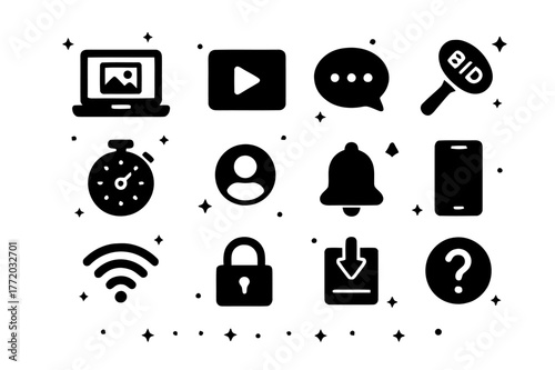 Online Art Auction Icons. Online art auction. Solid icons set of Online art auction: laptop with gallery, live stream play icon, chat bubble, bid button,