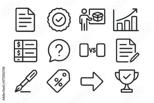 Sales Pitch Icons. Sales Pitch. Line icon set of Sales Pitch: proposal document, value proposition badge, product demo, ROI chart, pricing table, objection