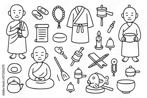 Monastic Symbols Illustration. Monks and daily life. Hand-drawn doodle illustration Monks and daily life monk robe, prayer beads, sutra scroll, meditation