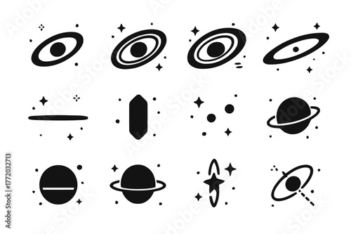 Jupiter Ring Icons. Jupiter ring system. Solid icons set of Jupiter ring system: main ring, halo ring, Amalthea gossamer ring, Thebe gossamer ring, ring plane,