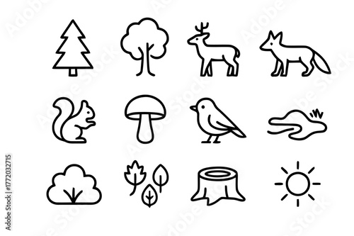 Forest Icon Set. Forest. Line icon set of forest: pine tree, oak tree, deer, fox, squirrel, mushroom, bird, river, bush, fallen leaves, tree stump, sun. All
