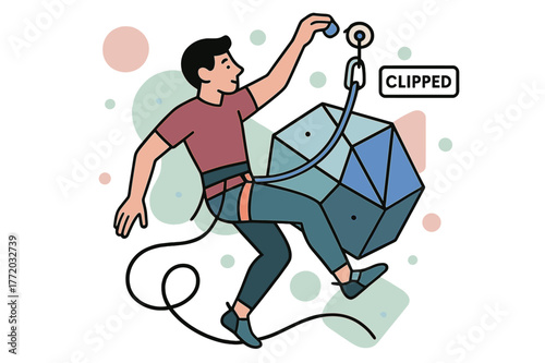 Dynamic Rock Climbing. Lead Climb on Big Volumes. Clip quickdraw, hips twist around a polygonal volume; rope draws a smooth S-curve. A small tag