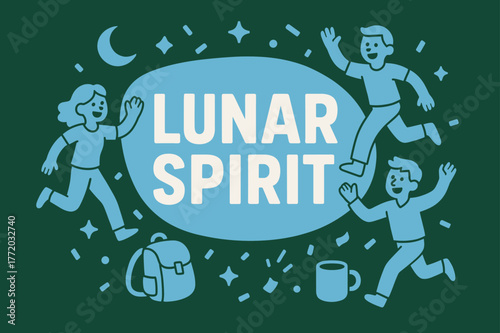 Lunar Spirit Banner. Lunar spirit banner, flat vector illustration, bold oversized text inside rounded blob, cartoon characters running and waving around the