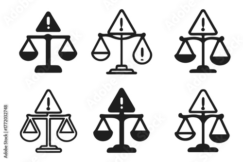 Legal Risk Logos. Legal liability risk. Set Logo of Legal liability risk: scales tipping with exclamation. harmonious logo variations of the same emblematic