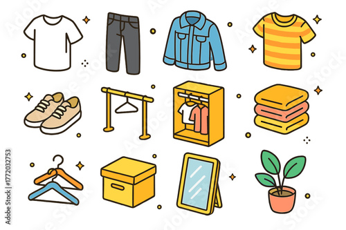 Minimalist Wardrobe Icons. Minimalist wardrobe. Colorful isometric vector icons set of Minimalist wardrobe: white T-shirt, black jeans, denim jacket, striped