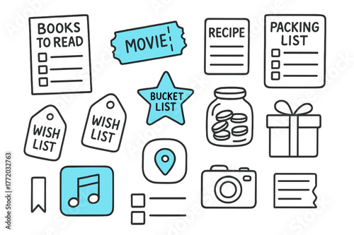 Doodle Collection Icons. // Collections pages. Hand-drawn doodle illustration Collections pages [books to read list (accented), movies ticket (accented),