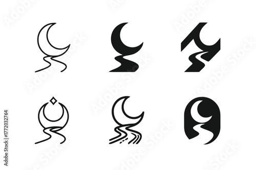 Moonlit Path Variations. Moonlit path. Set Logo of Moonlit path: crescent moon illuminating track. harmonious logo variations of the same emblematic concept,