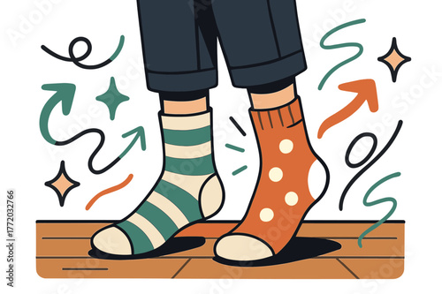 Playful Mismatched Socks. Socks. Person wearing mismatched colorful socks standing on wooden floor with abstract floating lines, arrows, and sparkles; conveys