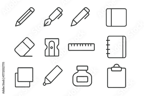 Writing Tools Icons. Writing Tools. Line icon set of Writing Tools: pencil, fountain pen, ballpoint pen, mechanical pencil, eraser, sharpener, ruler, notebook,