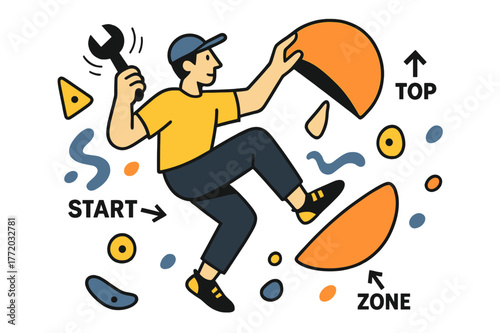 Dynamic Climbing Setup. Route Setter at Work. A wrench spins as a setter places a bright sloper; arrows label ?Start / Zone / Top.? Holds float in a playful