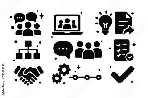 Team Icons Grid. Team Collaboration. Solid icons set of Team Collaboration: group chat, laptop screen, lightbulb, document share, workflow chart, speech
