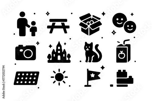 Family LEGO Icons. Family LEGO Day. Solid icons set of Family LEGO Day: parent and child, picnic table, open box, smiling faces, camera, completed city, cat