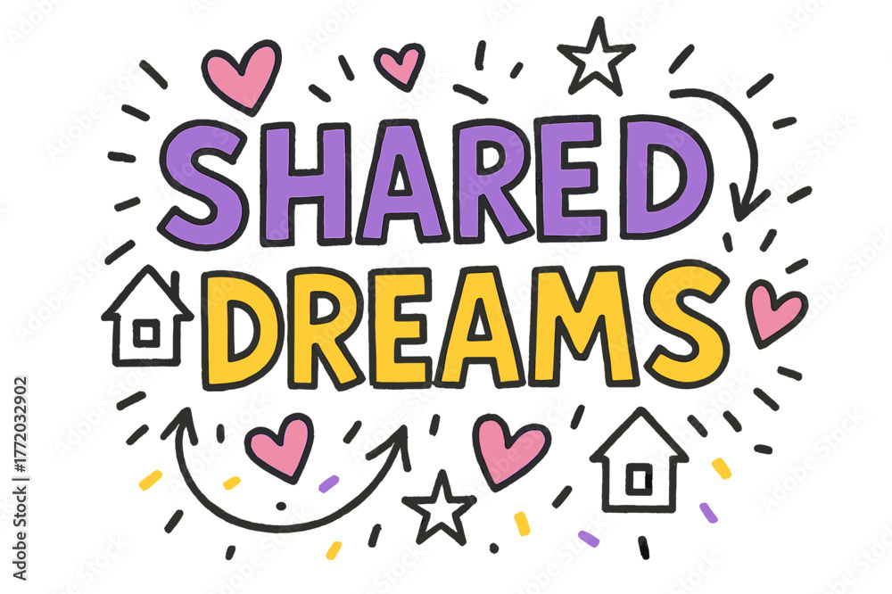Obraz premium Playful Dream Doodles. Shared Dreams ? Doodle / Sketch; lettering: playful hand-drawn with rough sketch outlines; layout: casual with arrows and stars;
