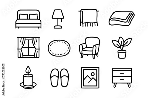 Cozy Bedroom Icons. Cozy Bedroom. Line icon set of Cozy Bedroom: bed with pillows, bedside lamp, blanket, book on bed, window with curtain, rug, soft chair,