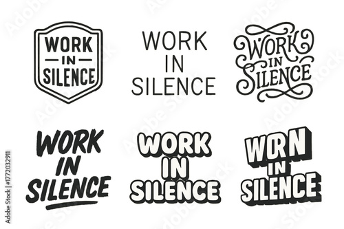 Silent Work Typography. Work in silence. Set lettering. harmonious lettering variations of the same emblematic concept, each with different artistic