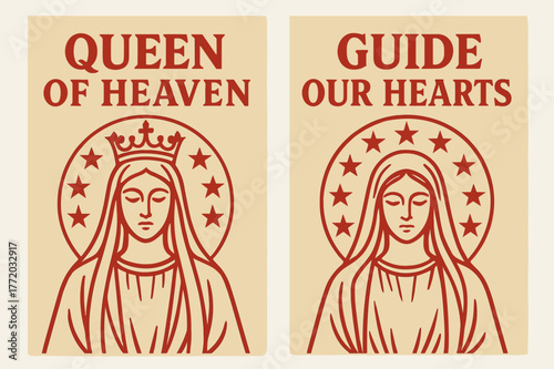 Queen of Heaven Banners. Queen of Heaven. Two vertical A6 banners with safe margins, centered composition, no elements touching edges, bold, red and beige,