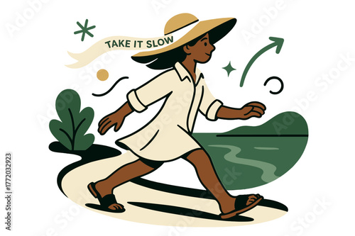 Dynamic Riverside Stroll. Sun hat & sandals. Wide-brim hat casts a playful crescent shadow; airy shirt-dress and leather slides skim along a riverside path.