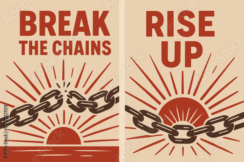Break Chains, Rise Up. Overcome Fear. Two vertical A6 banners with safe margins, centered composition, no elements touching edges, retro, red and beige, broken