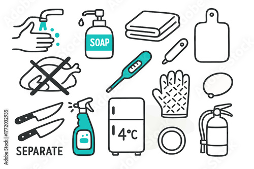 Kitchen Safety Essentials. // Kitchen safety & hygiene. Hand-drawn doodle illustration Kitchen safety & hygiene [handwashing tap (accented), soap dispenser